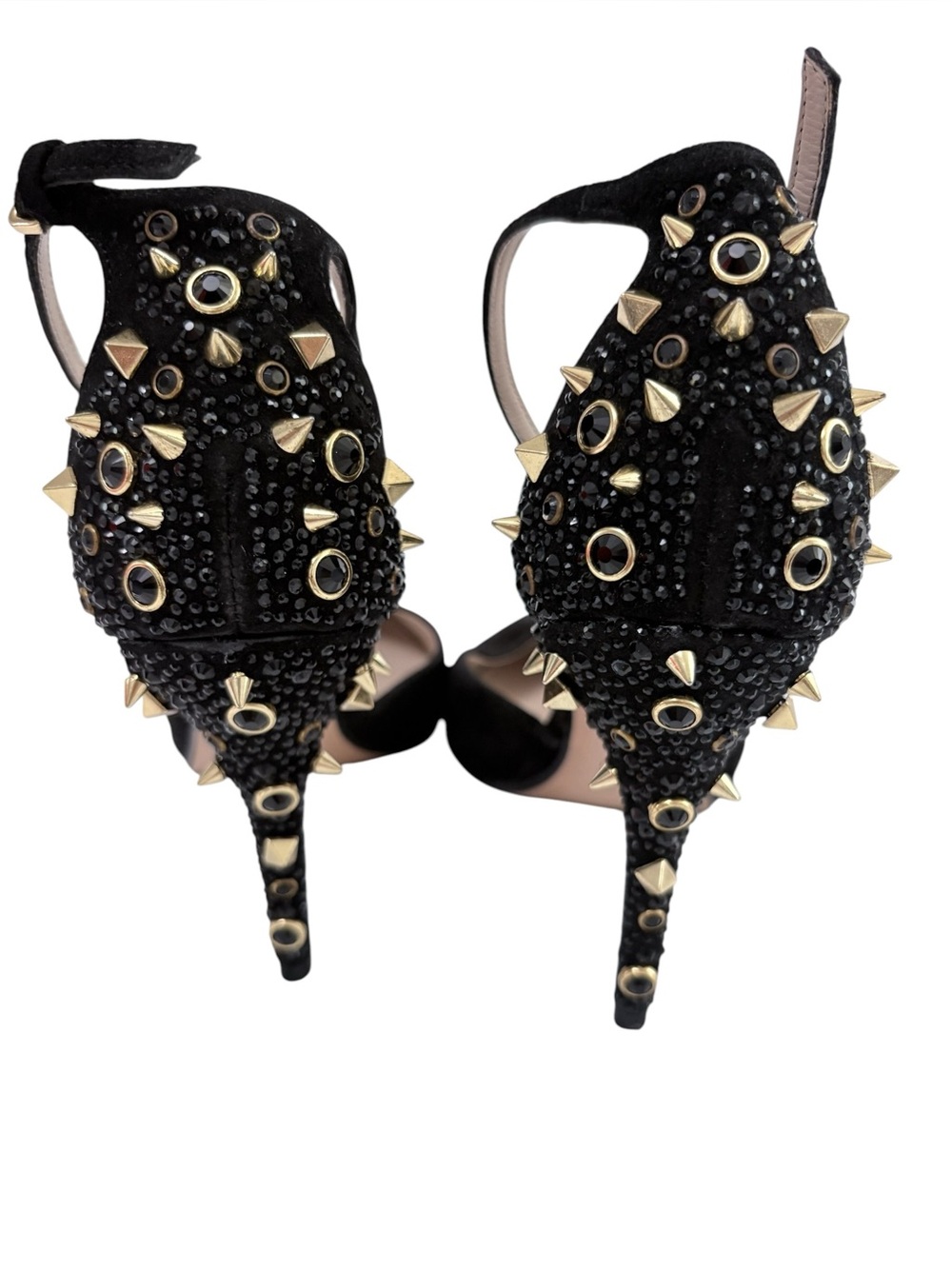 ZARA Woman Black Suede Pointed-Toe Ankle Strap Heels Gold Studs Accent Sz 37 - Picture 4 of 6